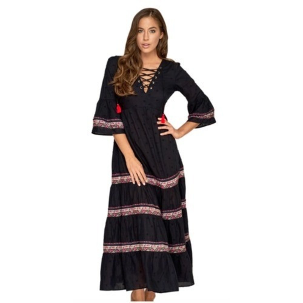 Jets by Jessika Allen Black Embroidered Lace Up Boho Tiered Maxi Dress Size‎ 8